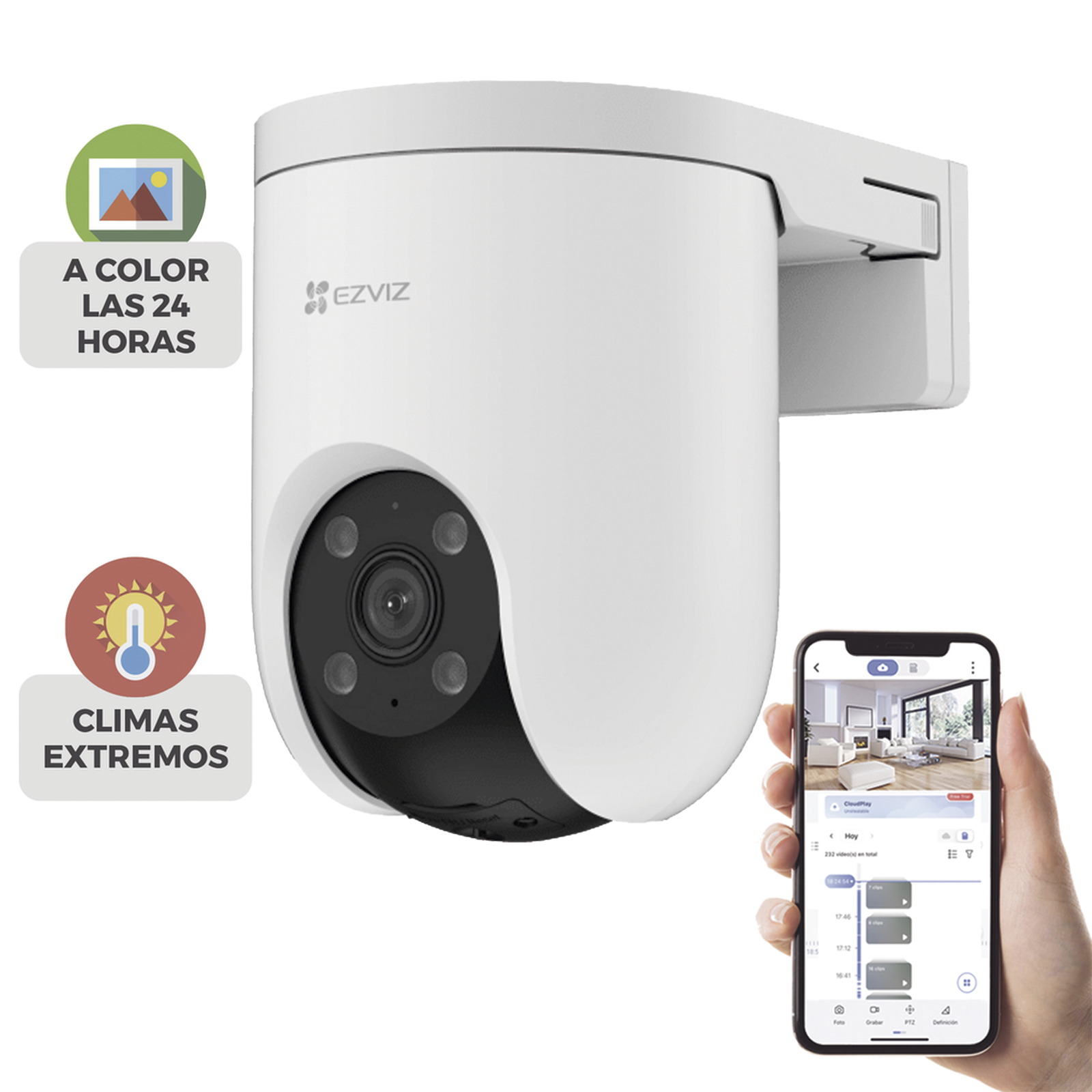 Cámara PT / Resolución 5 Megapixel (3K) / Visión Nocturna en Color / AI Detección de Humanos y Vehículos / Defensa Activa con Sirena y Luz Estroboscópica / IP65