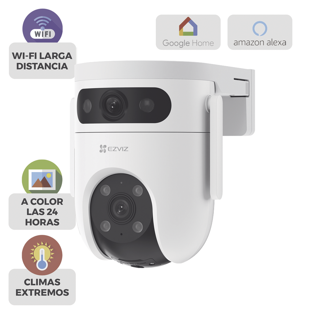 Cámara PT Doble Lente / 10 Megapixel (5MP+5MP) / IA Detección Humana y Vehiculo / Vision Nocturna a Color / Sirena y Luz Estroboscópica / Vista Simultánea de Cámara PT y Cámara Fija / Protección IP65 / Audi