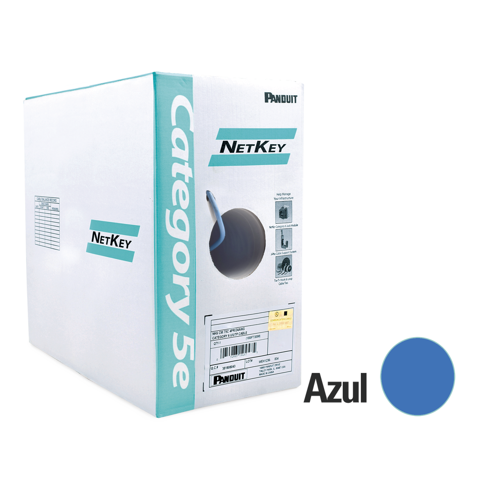 Bobina de Cable UTP 305 Metros (1000 Pies) de Cobre, NetKey, Azul, Categoría 5e (24 AWG), PVC (CM), de 4 Pares