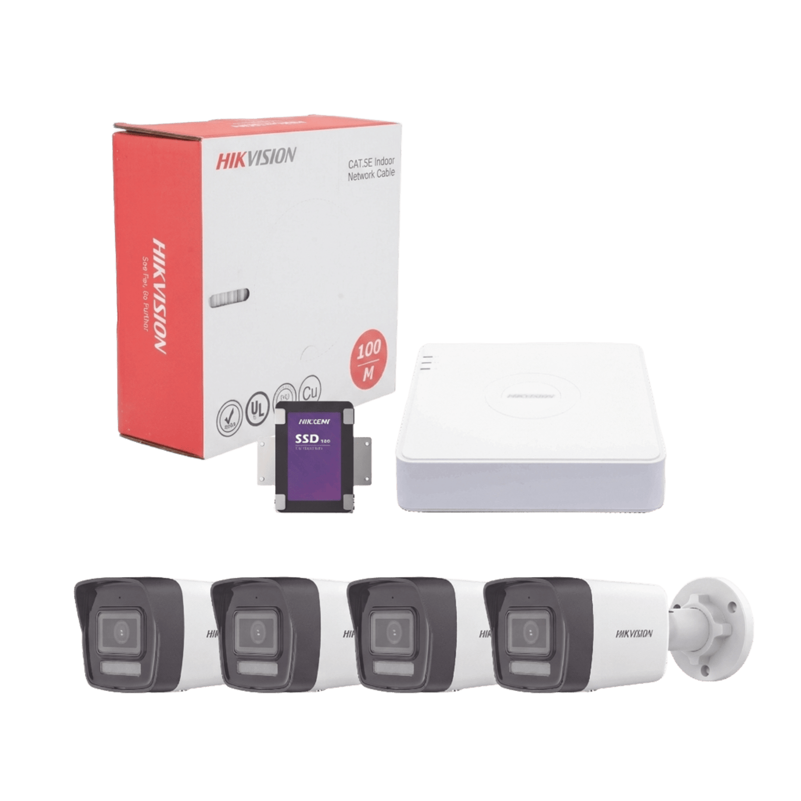 Kit IP 4 Megapixel / NVR de 4 Canales con 4 Puertos PoE / 4 Cámaras IP Bala Dual Light (IR + Luz Blanca) con Microfono Integrado y ACUSENSE Lite para Exterior/ Bobina de Cable de 100 mts / SSD de 1 TB