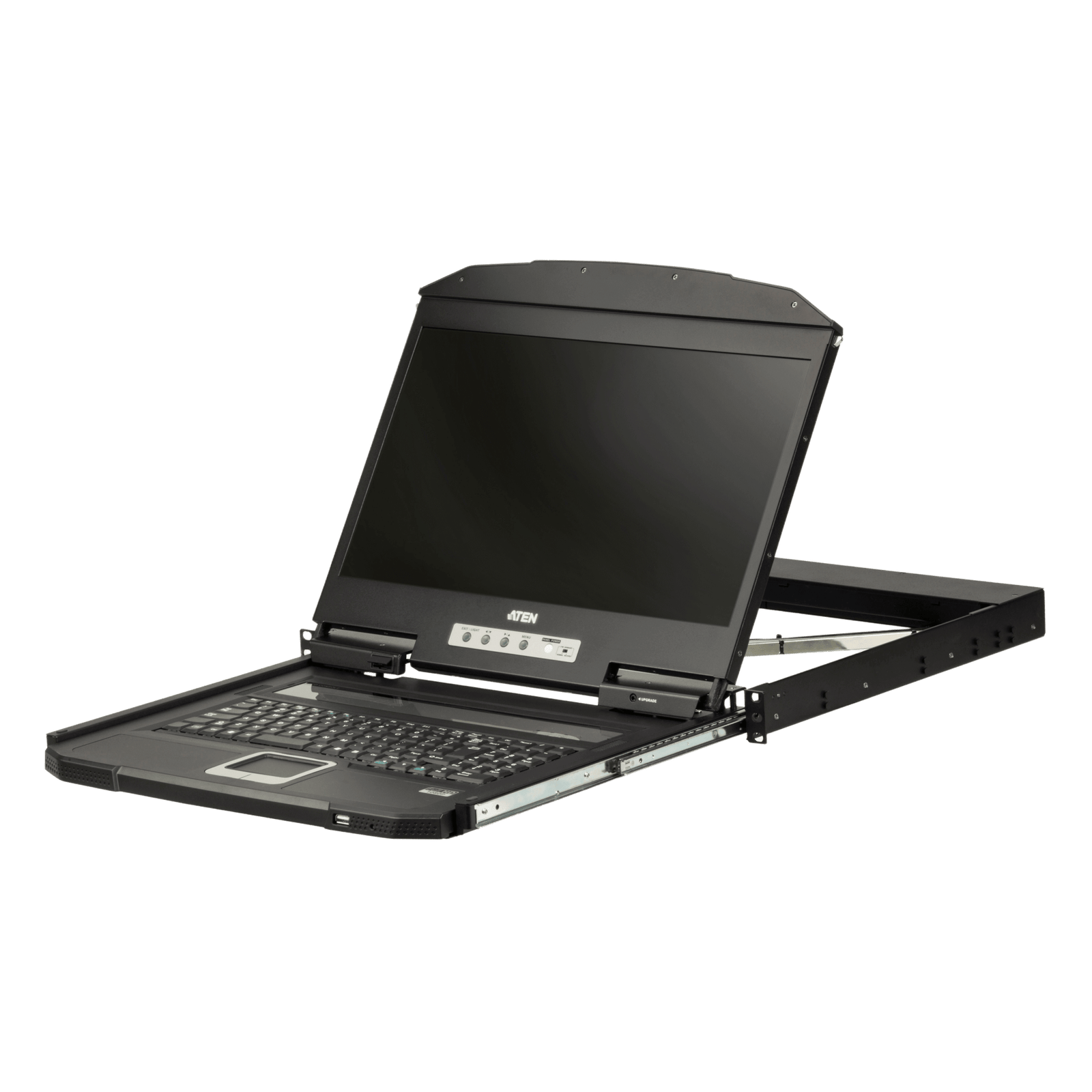 Consola LCD KVM Ultra Short Depth Single Rail | Pantalla Ancha 18.5" LED | Resolución Full HD 1920x1080 @ 60Hz | USB y HDMI | Teclado y Touchpad Integrados | Diseño Compacto para Racks | MIL-STD-810G | Compatible con KVM HDMI